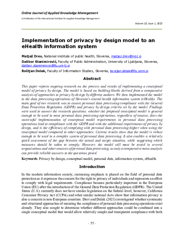 (PDF) Implementation of privacy by design model to an eHealth ...