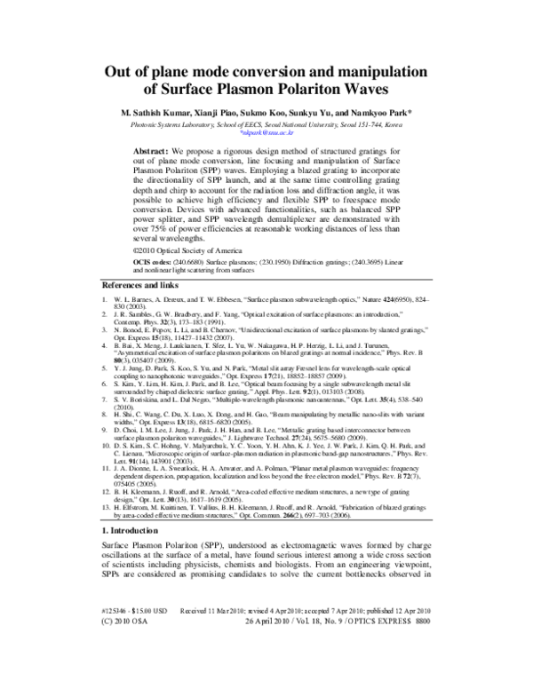 (PDF) Out of plane mode conversion and manipulation of Surface Plasmon ...