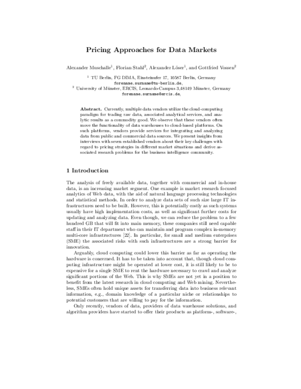 (PDF) Pricing Approaches for Data Markets