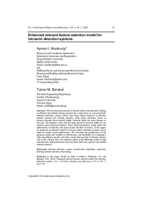 (PDF) Enhanced relevant feature selection model for intrusion detection ...
