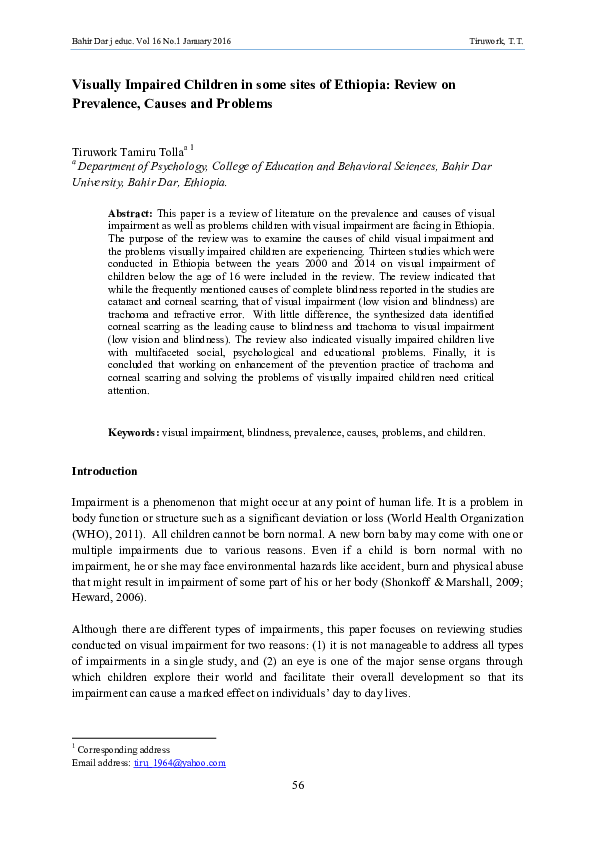 (PDF) Visually Impaired Children in some sites of Ethiopia: Review on ...