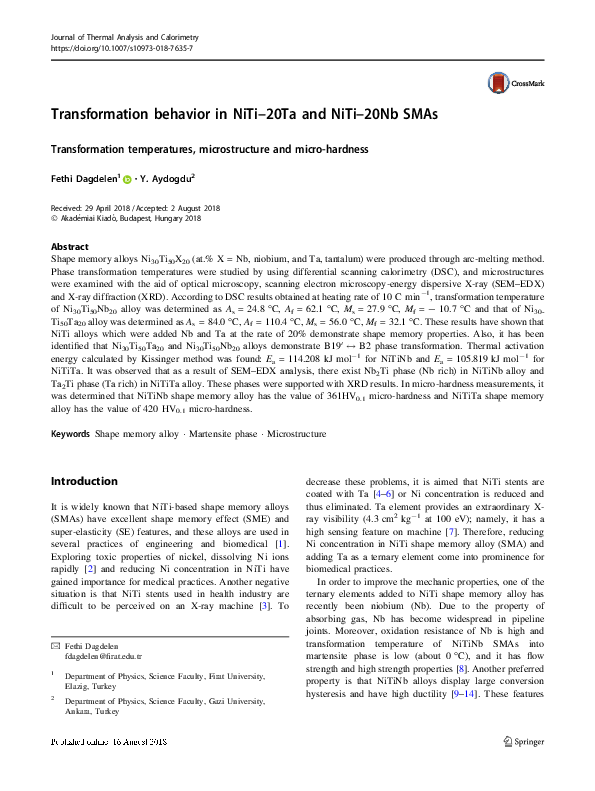 (PDF) Transformation behavior in NiTi–20Ta and NiTi–20Nb SMAs