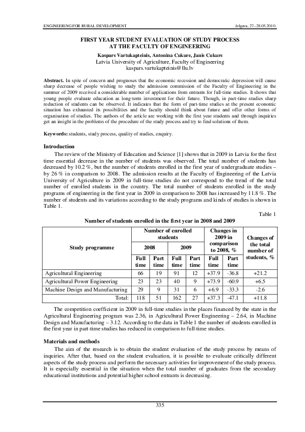 (PDF) First Year Student Evaluation of Study Process at the Faculty of ...
