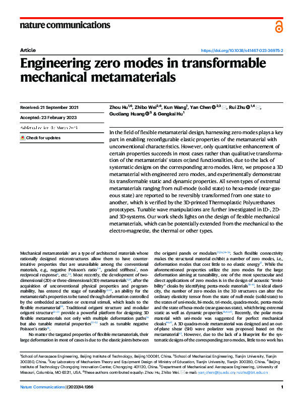 (PDF) Engineering zero modes in transformable mechanical metamaterials