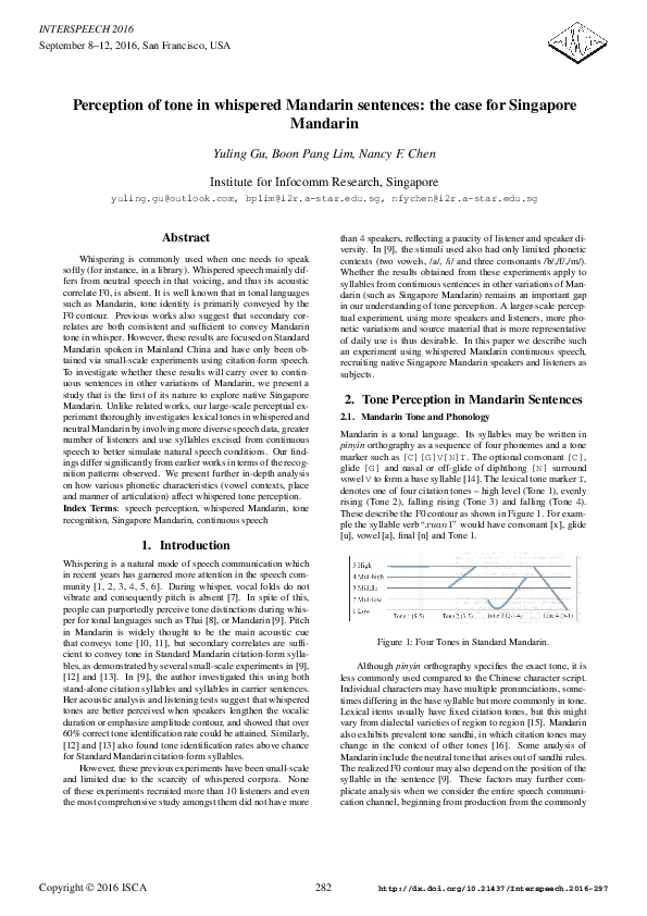 (PDF) Perception of Tone in Whispered Mandarin Sentences: The Case for ...