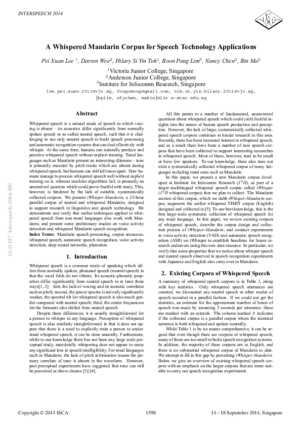 (PDF) A whispered Mandarin corpus for speech technology applications