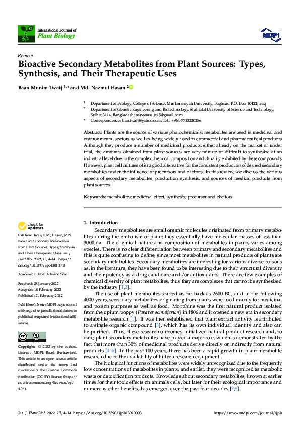 (PDF) Bioactive Secondary Metabolites from Plant Sources: Types ...