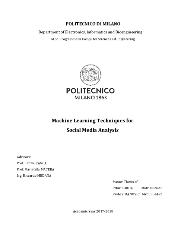 (PDF) Machine learning techniques for social media analysis