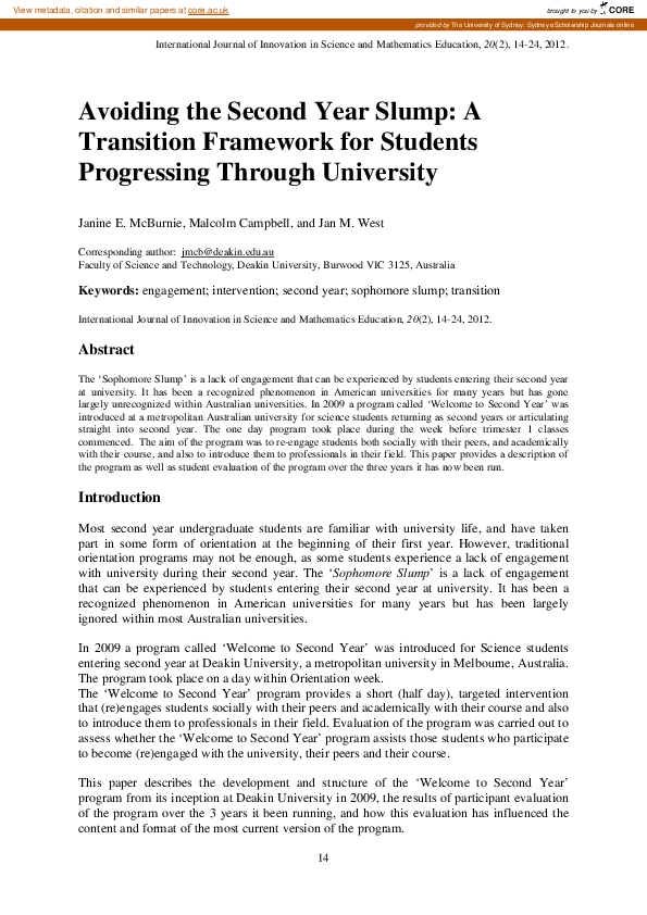 (PDF) Avoiding the Second Year Slump: A Transition Framework for ...