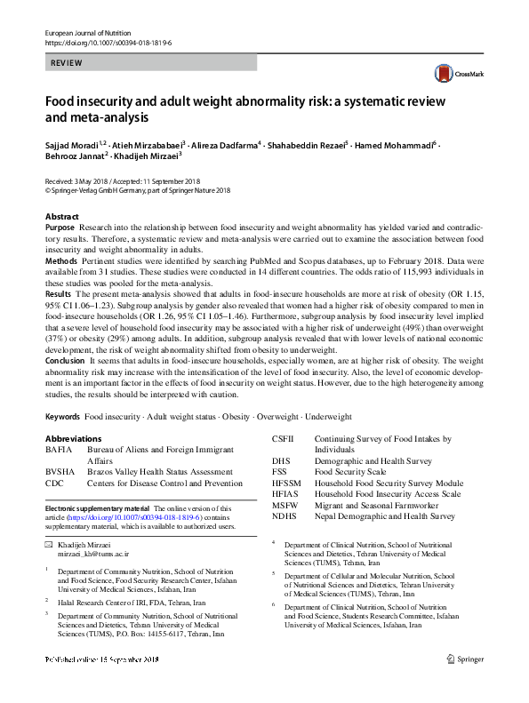 (PDF) Food insecurity and adult weight abnormality risk: a systematic ...