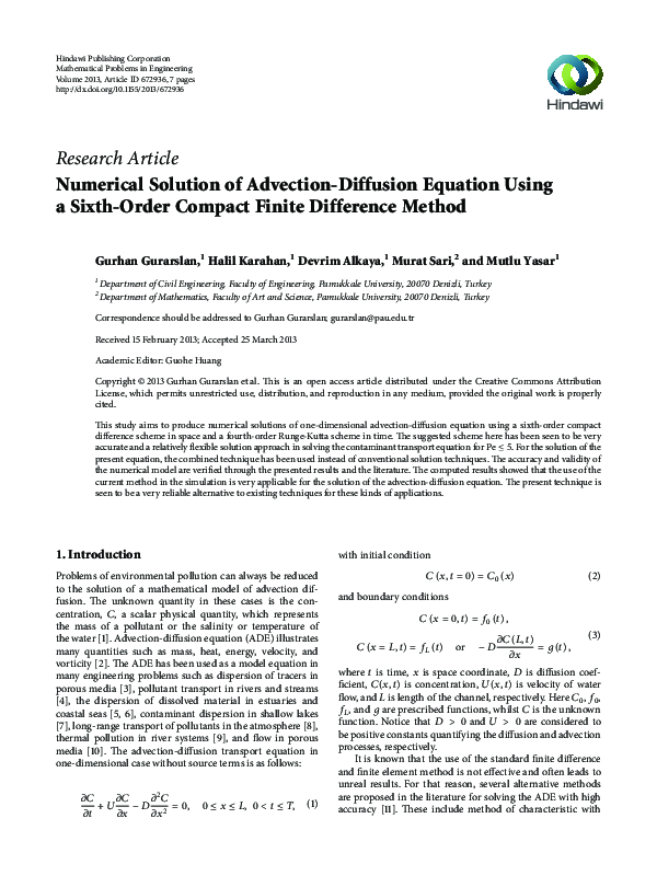 Pdf Numerical Solution Of Advection Diffusion Equation Using A Sixth