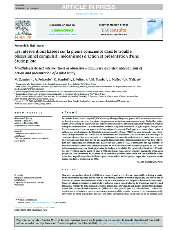 Les interventions basées sur la pleine conscience dans le trouble obsessionnel compulsif : mécanismes d’action et présentation d’une étude pilote