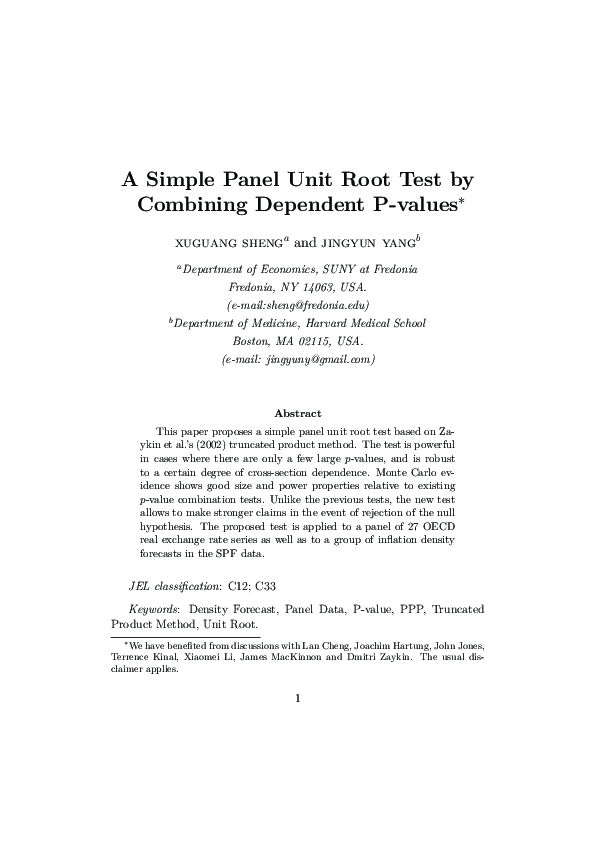(PDF) A Simple Panel Unit Root Test by Combining Dependent P-Values