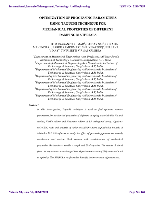 (PDF) OPTIMIZATION OF PROCESSING PARAMETERS USING TAGUCHI TECHNIQUE FOR ...