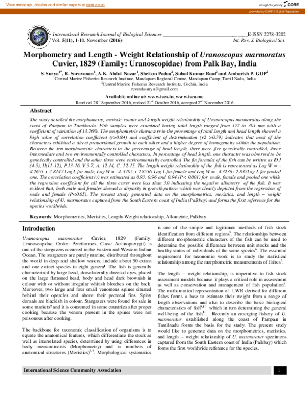 (PDF) Morphometry and Length - Weight Relationship of Uranoscopus ...