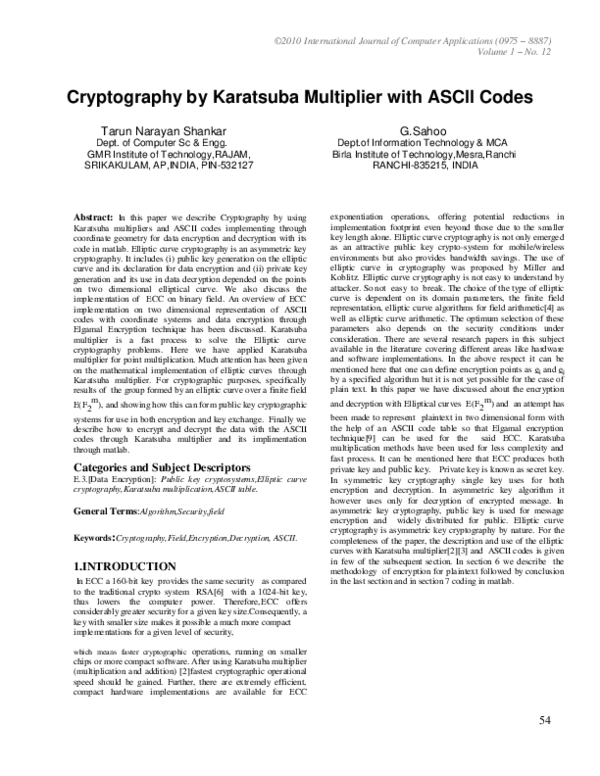 (PDF) Cryptography By Karatsuba Multiplier with ASCII Codes
