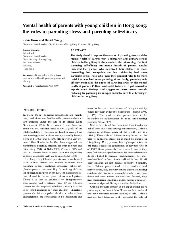 (PDF) Mental health of parents with young children in Hong Kong: the ...