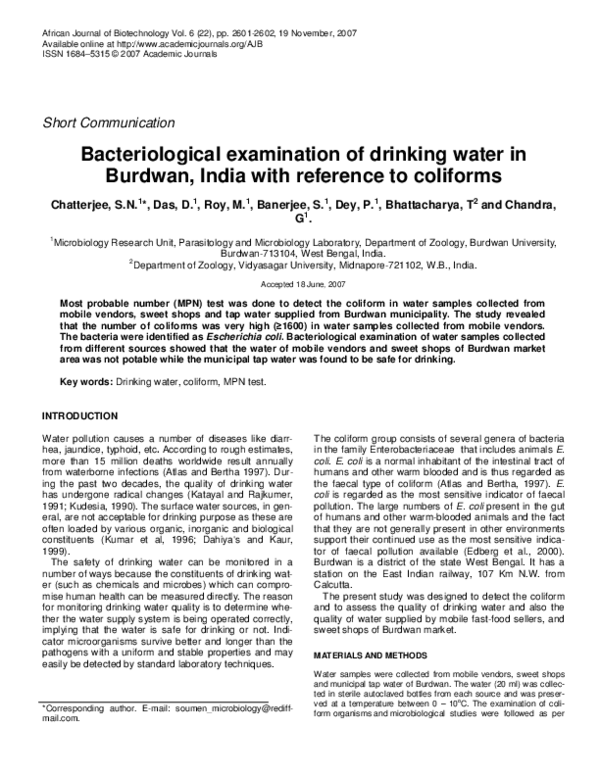 (PDF) Bacteriological examination of drinking water in Burdwan, India ...
