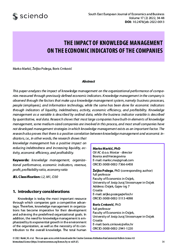 (PDF) The Impact of Knowledge Management on the Economic Indicators of ...
