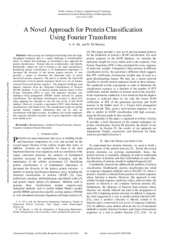 (PDF) A Novel Approach For Protein Classification Using Fourier Transform