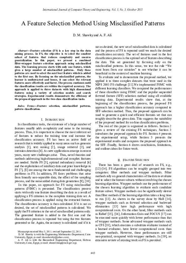 (PDF) A Feature Selection Method Using Misclassified Patterns