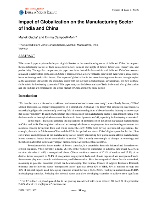 (PDF) Impact of Globalization on the Manufacturing Sector of India and ...