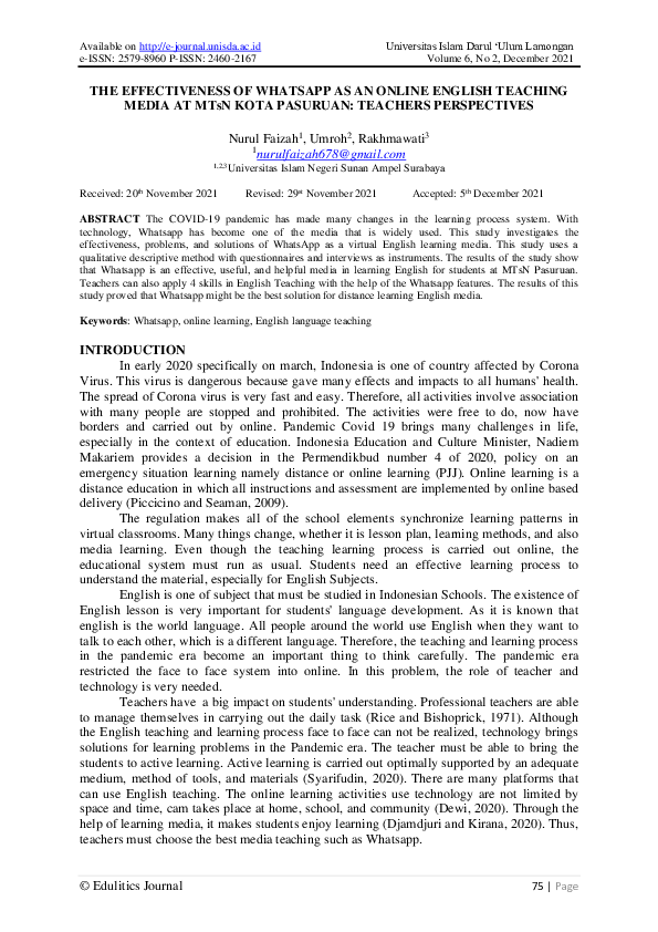 (PDF) The Effectiveness of Whatsapp as An Online English Teaching Media ...