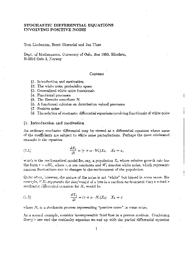 (PDF) Stochastic differential equations involving positive noise