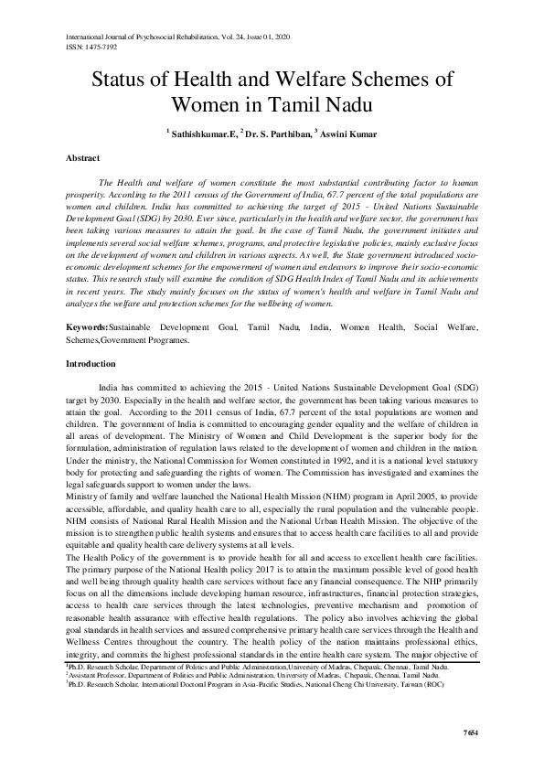 (PDF) Status of Health and Welfare Schemes of Women in Tamil Nadu