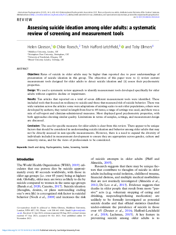 (PDF) Assessing suicide ideation among older adults: a systematic ...