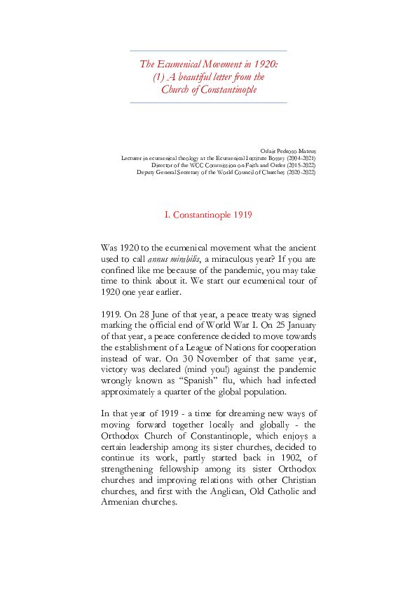 (PDF) The Ecumenical Movement in 1920: (1) A beautiful letter from the ...