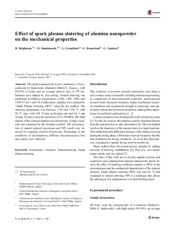 (PDF) Effect of spark plasma sintering of alumina nanopowder on the ...