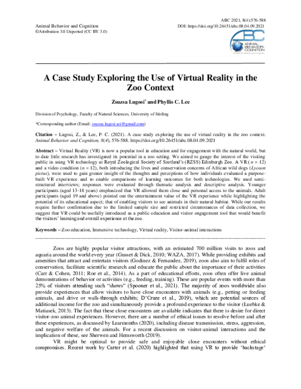 (PDF) A Case Study Exploring the Use of Virtual Reality in the Zoo Context