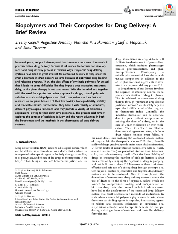 (PDF) Biopolymers and Their Composites for Drug Delivery: A Brief Review