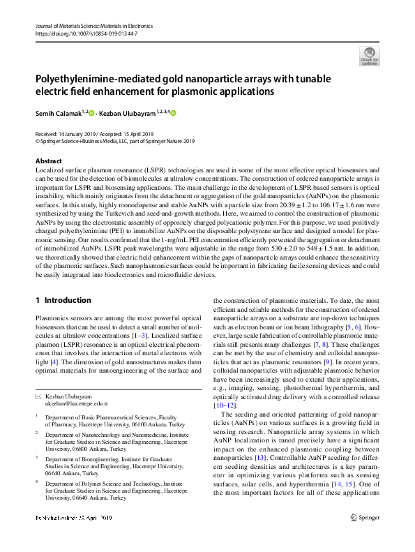 (PDF) Polyethylenimine-mediated gold nanoparticle arrays with tunable ...