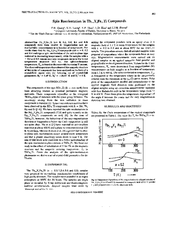 (PDF) Spin reorientation in Tb/sub 1-x/Y/sub x/Fe/sub 11/Ti compounds