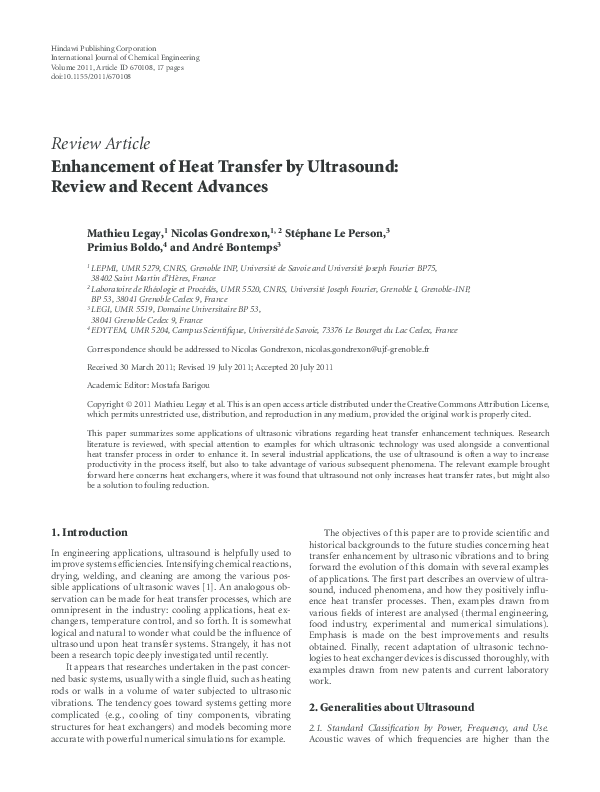 (PDF) Enhancement of Heat Transfer by Ultrasound: Review and Recent ...