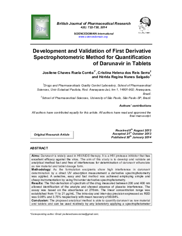 (PDF) Development and Validation of First Derivative Spectrophotometric ...