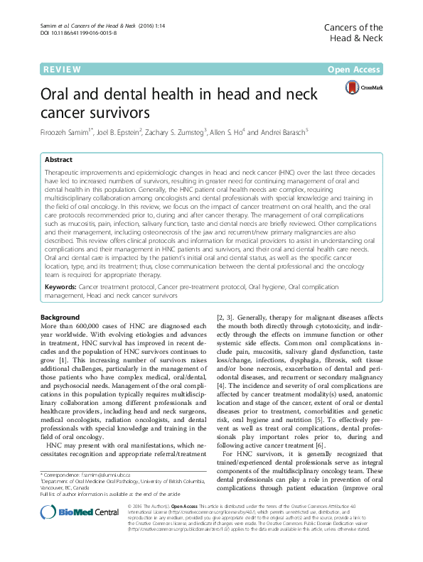 (PDF) Managing Oral Health in Head and Neck Cancer Survivors