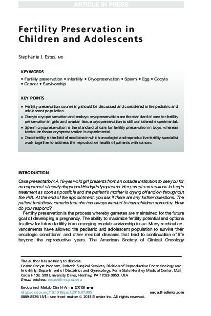 (PDF) Fertility Preservation in Children and Adolescents With Cancer