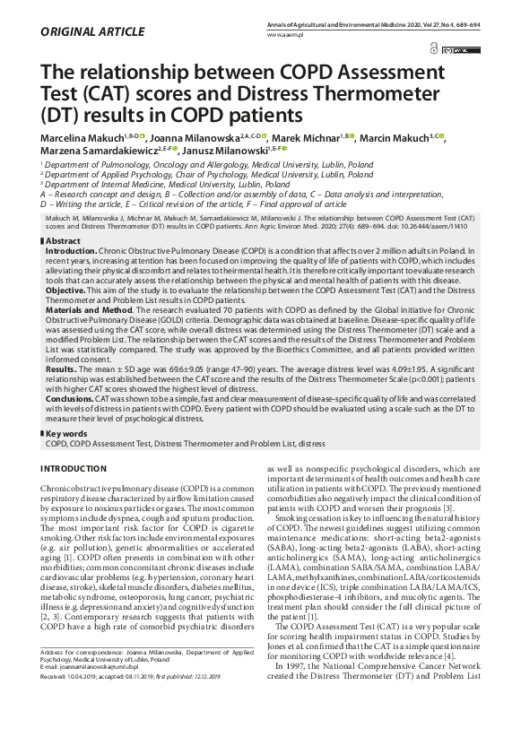 (PDF) The relationship between COPD Assessment Test (CAT) scores and Distress Thermometer (DT