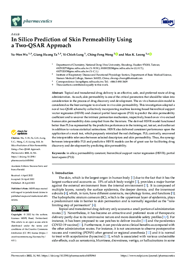 (PDF) In Silico Prediction of Skin Permeability Using a Two-QSAR Approach