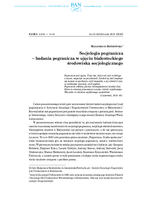 Socjologia pogranicza – badania pogranicza w ujęciu białostockiego środowiska socjologicznego