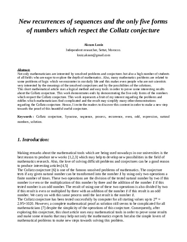 (PDF) The new sequence and the parity in Collatz conjecture | Akram ...