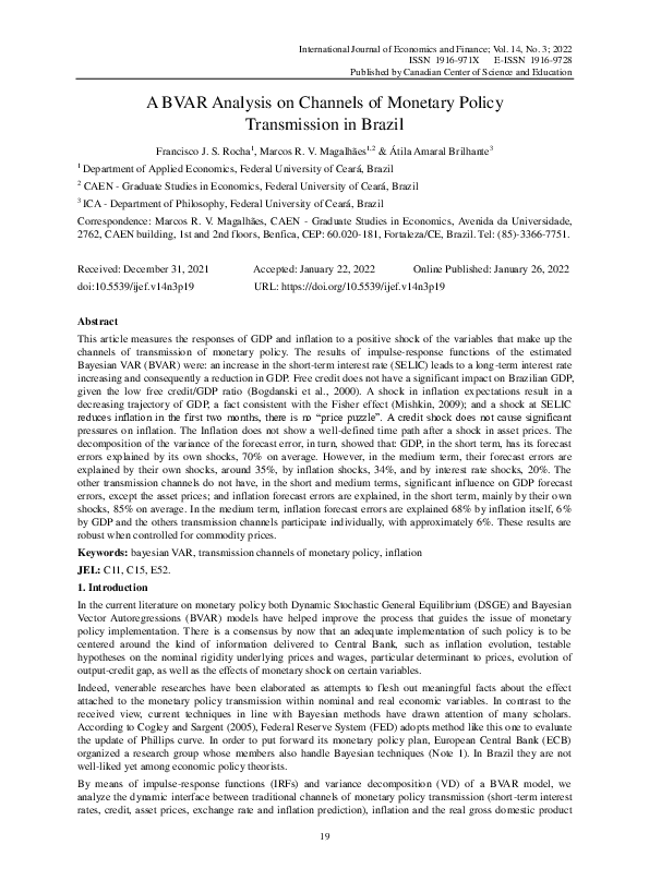 (PDF) A BVAR Analysis on Channels of Monetary Policy Transmission in Brazil