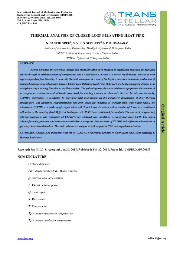 (PDF) Thermal Analysis of Closed Loop Pulsating Heat Pipe