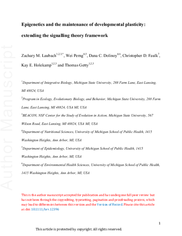 (PDF) Epigenetics and the maintenance of developmental plasticity ...