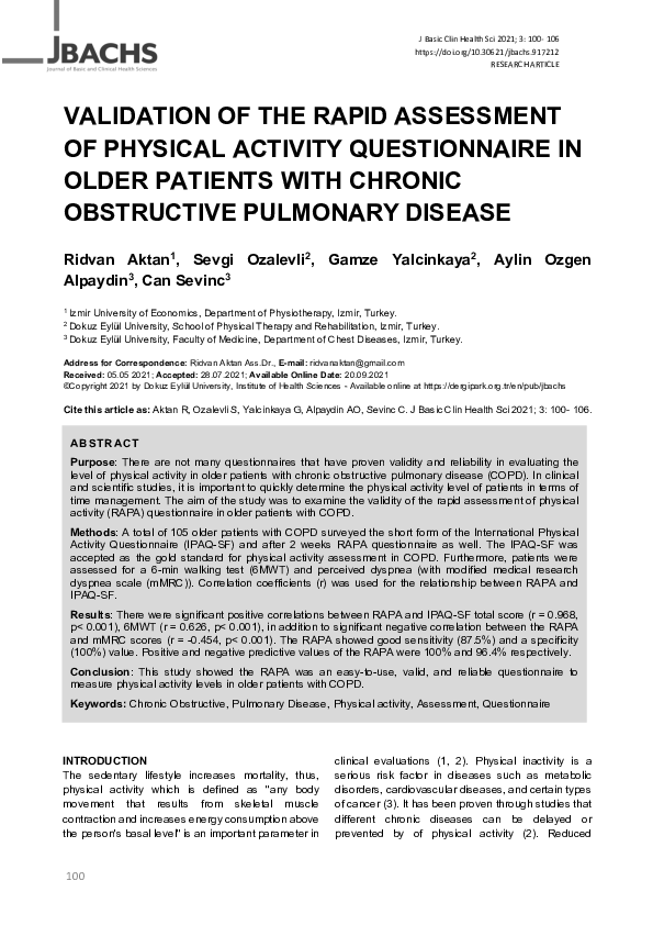 (PDF) Validation of the rapid assessment of physical activity ...
