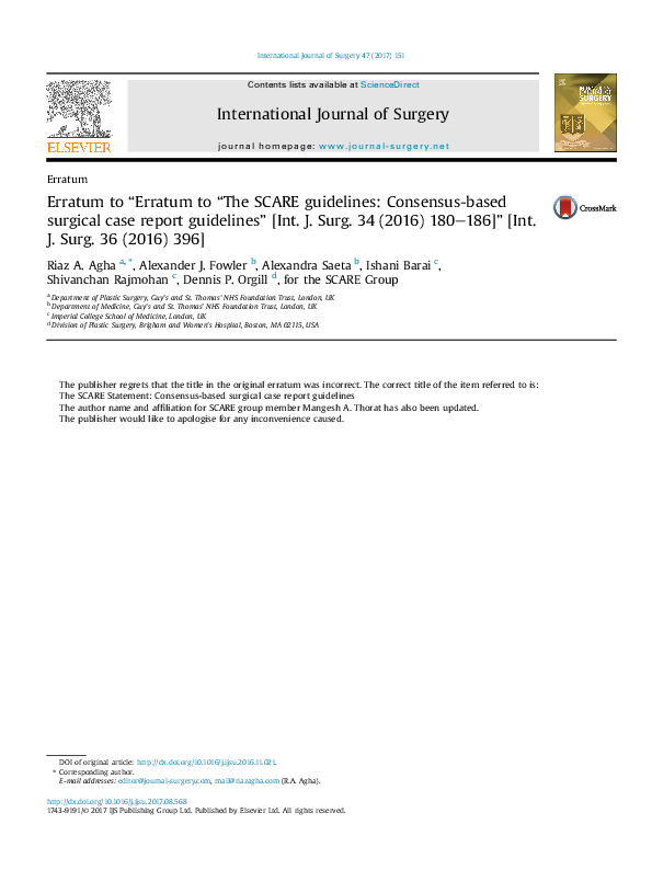 Erratum to “Erratum to “The SCARE guidelines: Consensus-based surgical case report guidelines” [Int. J. Surg. 34 (2016) 180–186]” [Int. J. Surg. 36 (2016) 396]