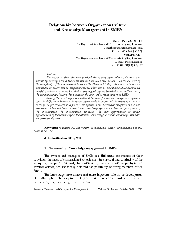(PDF) Relationship between Organisation Culture and Knowledge ...